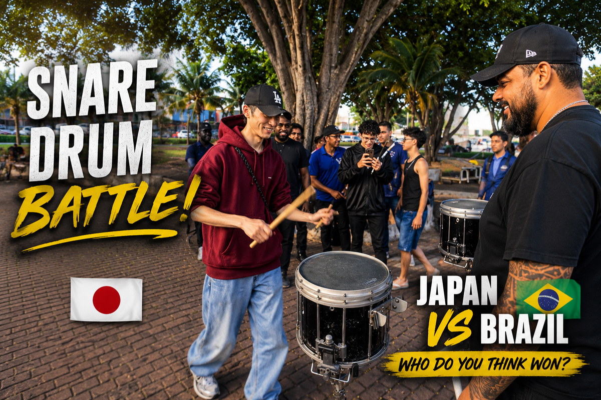Marching snare drummers from Japan and Brazil face off in an exciting outdoor snare drum battle as spectators watch. Compare their speed, stick control, rudiments, and musicality to decide who won.