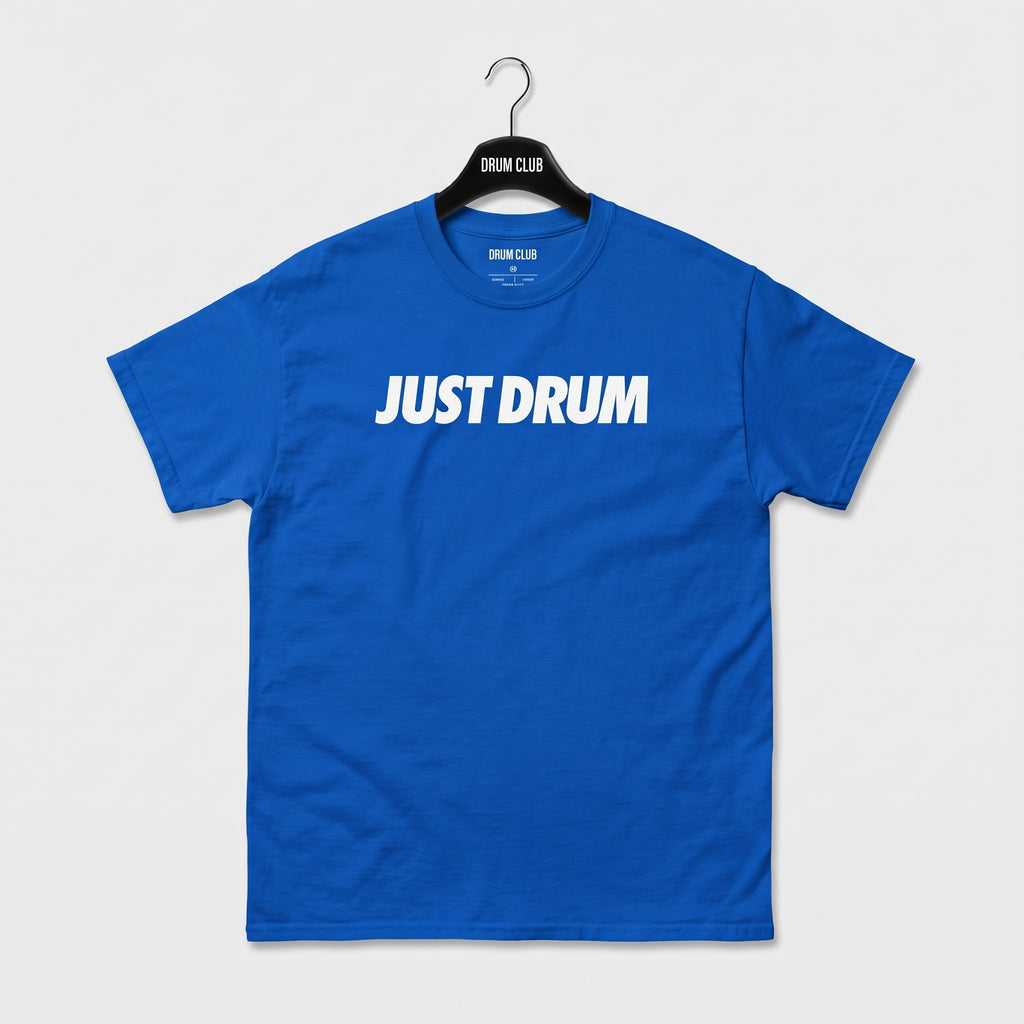 Blue Drum Club T-shirt with white Just Drum lettering across the chest, front view.